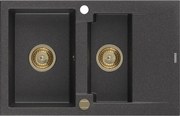 Mexen Gaspar zlewozmywak granitowy 1,5-komorowy z ociekaczem 737 x 475 mm, czarny nakrapiany, syfon złoty - 6507731505-76-G