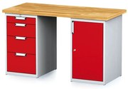 Stół warsztatowy MECHANIC, 1500x685x880 mm, 1x 4 szufladowy kontener, 2x szafka, szary/czerwony
