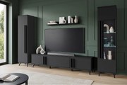 Meblościanka do salonu na nóżkach – zestaw RTV 180 cm, witryna, regał i półka, czarny mat