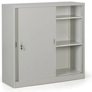 Metalowa szafa z przesuwnymi drzwiami, demontowana, 2 półki, 1200 x 1200 x 450 mm, jasnoszary