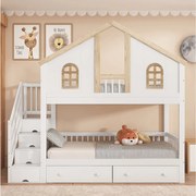 Łóżko piętrowe dla dzieci - 2 x 90 x 200 cm - z oknem + 2 szuflady + 4 schowki w schodach - sosna + MDF - białe + naturalne