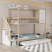 Łóżko piętrowe 90x200 cm – dziecięce Łóżko z drabinką i 2 szufladami – białe i naturalne
