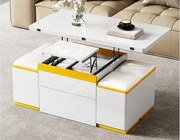 Nowoczesny stolik kawowy regulowany 100x50x43cm - z 4 taborecikami do przechowywania - 1 szuflada - Biały