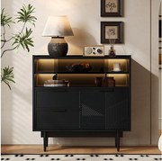 Komoda, witryna z 2 szufladami, 1 drzwiami drewnianymi i 2 drzwiami szklanymi przesuwnymi - 80 x 35 x 80 cm - drewno MDF - czarny