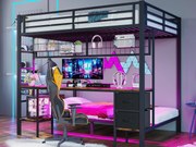 Łóżko piętrowe 90x200cm + 140x200 cm - z szufladą - z biurkiem - z oświetleniem LED + USB - czarne (bez materaca)