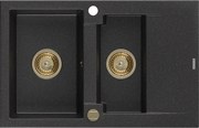 Mexen Gaspar zlewozmywak granitowy 1,5-komorowy z ociekaczem 737 x 475 mm, czarny/srebrny metalik, syfon złoty - 6507731505-73-G