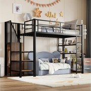 Łóżko piętrowe dla dzieci - 90 x 200 - ze schodami + schowkiem + półkami - MDF + metal - czarne