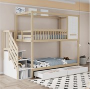 Łóżko piętrowe 2 x 90 x 200 cm z 2 szufladami + półki + schodki - drewno lite - kolor naturalny + biały