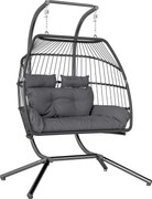 Outsunny Fotel Wiszący z Rattanu, Składana Konstrukcja z Poduszką, Stelaż Stalowy, Do Wewnątrz i Na Zewnątrz, Do 260 kg, Ciemnoszary