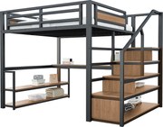 Łóżko mezzanine metalowe 140x200 cm - z drabiną do przechowywania i biurkiem - Czarne
