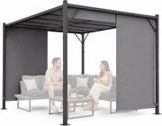 Szara pergola ogrodowa FG-362 z regulowanym zadaszeniem i roletami bocznymi