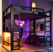 Metalowe łóżko piętrowe dla dzieci - 140 x 200 cm - z USB + LED + biurko + otwarta szafa i 3 szuflady - MDF + metal - czarne