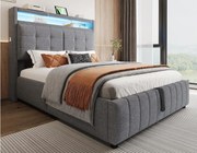 Wyściełane łóżko do przechowywania pościeli - 140x200 cm - z diodą LED + gniazdem USB + podstawą z listew - Szare