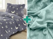 PrzytulneMieszkanie.pl PrzytulneMieszkanie.pl PrzytulneMieszkanie.pl Świecąca pościel z mikropluszu BIG MOON szara + prześcieradło z mikropluszu SOFT 90x200 cm miętowe