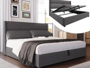 Łóżko tapicerowane ze schowkiem 140x200 cm - z regulowanym wezgłowiem - stelaż listwowy - len - szary (materac nie jest w zestawie)