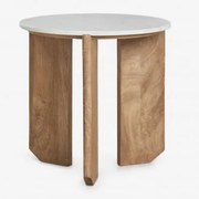 Okrągły Stolik Pomocniczy Lavinia Ø50 Cm Z Naturalnego Kamienia I Drewna Mango Biały Marmur & Naturalna & Ø50 Cm - Sklum