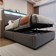 Łóżko ze schowkiem 140 x 200 cm z zagłówkiem i przegródkami - diody LED i port USB - tkanina lniana - szare (bez materaca)