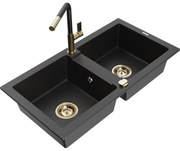 Mexen Mario zlewozmywak granitowy 2-komorowy z baterią kuchenną Flora, czarny/srebrny metalik - 6504-73-670401-57-G