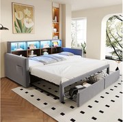 Rozkładana sofa dziecięca - 90/180 x 190 cm - zagłówek z miejscem do przechowywania + diody LED + gniazdka - z 2 szufladami - welur - jasnoszary