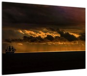 Obraz na szkle - żaglówka o zachodzie słońca (70x50 cm)