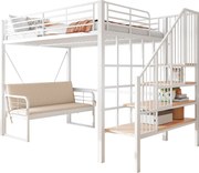 Łóżko piętrowe dla dzieci - 140 x 200 cm - z wyjmowaną sofą + drabinka ze schowkiem - rama metalowa - białe
