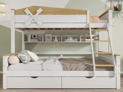 Łóżko piętrowe 90x200cm i 140x200cm - z drabinką, półkami i 2 szufladami - z drewna sosnowego i MDF - Białe