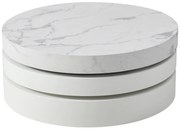 Stolik kawowy obrotowy okrągły z 1 wnęką z MDF - Efekt białego marmuru i biały lakierowany - JANITA