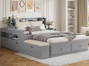 Łóżko podwójne z litego drewna 140×200 cm - z pojemnikiem - z 2 szufladami - z szafką nocną - z taboretem - Szare (bez materaca)