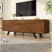 Stolik pod TV z falistym frontem - wykończenie orzechowe z żelaznymi nogami i 4 drzwiami - 160 x 39 x 50,5 cm - MDF - brązowy