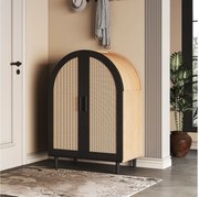 Komoda/szafka na buty - 70 x 40 x 100 cm - z 2 drzwiami ażurowymi z rattanu + 3 półki - MDF - naturalny