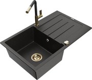 Mexen Bruno zlewozmywak granitowy 1-komorowy z ociekaczem i baterią kuchenną Flora, czarny/złoty metalik - 6513-75-670401-57-G