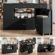 Wyspa kuchenna ze stołem składanym - 140 x 40/70 x 89 cm - ze stołkami + 6 szuflad + drzwi - MDF + metal - czarny