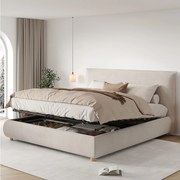 Łóżko dwuosobowe z pojemnikiem - 180 x 200 cm - z hydraulicznym schowkiem + tapicerowany zagłówek - welur - krem