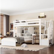 Łóżko piętrowe dla dzieci - 2 x 90 x 200 cm - ze zintegrowanym biurkiem i schodkami + schowki i półki - MDF - białe