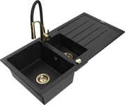 Mexen Andres zlewozmywak granitowy 1,5-komorowy z ociekaczem i baterią kuchenną Aster, czarny - 6515-77-73450-57-G