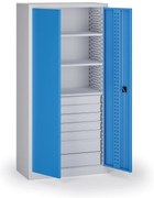 Szafa warsztatowa, 3 półki + 7 szuflad, 1950 × 950 × 500 mm, niebieskie drzwi