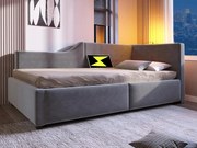 Łóżko 90x200cm - Łóżko tapicerowane welurem - z lampką do czytania i portami ładowania - z stelażem na listwy - Szary