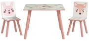 ZONEKIZ Zestaw siedzeń z drewna sosnowego, stolik z 2 krzesełkami, motyw zwierząt, pokój dziecięcy, 3-8 lat, Różowy