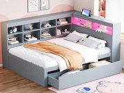 Łóżko z pojemnikiem na pościel z litego drewna 140x200 cm - z LED i gniazdami USB - Szare