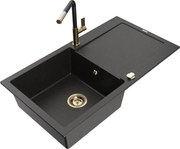 Mexen Leo zlewozmywak granitowy 1-komorowy z ociekaczem i baterią kuchenną Flora, czarny/złoty metalik - 6501-75-670401-57-G