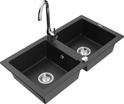 Mexen Mario zlewozmywak granitowy 2-komorowy z baterią kuchenną Telma, czarny/srebrny - 6504-73-670200-00