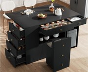 Centralna wyspa kuchenna - Blat rozsuwany - 140x70x89cm - 3 drzwi i 6 szuflad - z taboretami - MDF - Czarny