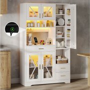 Kredens kuchenny w stylu stodoły Hayt - 105 x 40 x 185 cm - z półkami + szufladami + diodami LED + drzwiami - MDF - biały