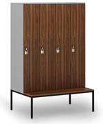 Drewniana szafa ubraniowa S4 z ławką, 4-drzwiowa, 1871 x 1200 x 500/800 mm, demontaż, zamek obrotowy, szary/orzech