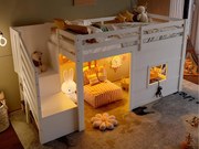 Łóżko na antresoli 90x200cm - z drabiną z pojemnikami i oknem - z LED - Barierka bezpieczeństwa - MDF - Biały​ (bez materaca)