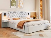 Łóżko 180x200 cm z lnu - 2 szafki nocne z gniazdem USB i lampkami - Beżowy