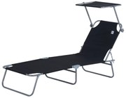 Outsunny Leżak ogrodowy składany z daszkiem przeciwsłonecznym idealny na plażę czarny 187x58x36 cm | Aosom PL
