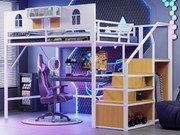 Łóżko mezzanine metalowe 140x200 cm - z drabinką z miejscem do przechowywania - z barierkami bezpieczeństwa - z otwartą szafą - biały