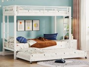 Łóżka piętrowe 2 x 90 x 200 + łóżko wysuwane 90 x 190 - Metalowe - Stelaż listwowy - Biały