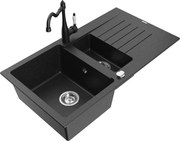 Mexen Matias zlewozmywak granitowy 1,5-komorowy z ociekaczem i baterią kuchenną Carla czarny/srebrny metalik - 6502-73-670700-70